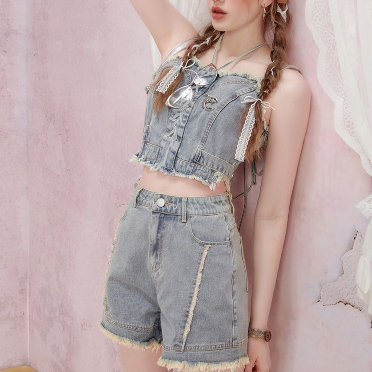 デニムセットアップ 編み上げフリンジビスチェセット