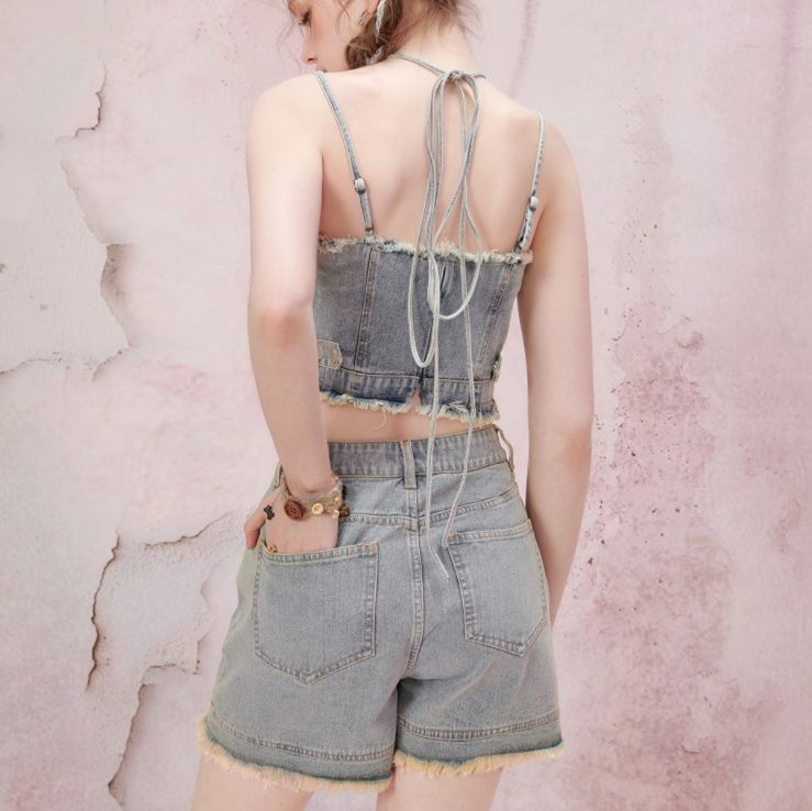 デニムセットアップ 編み上げフリンジビスチェセット