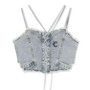 デニムセットアップ 編み上げフリンジビスチェセット