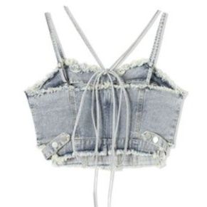 デニムセットアップ 編み上げフリンジビスチェセット