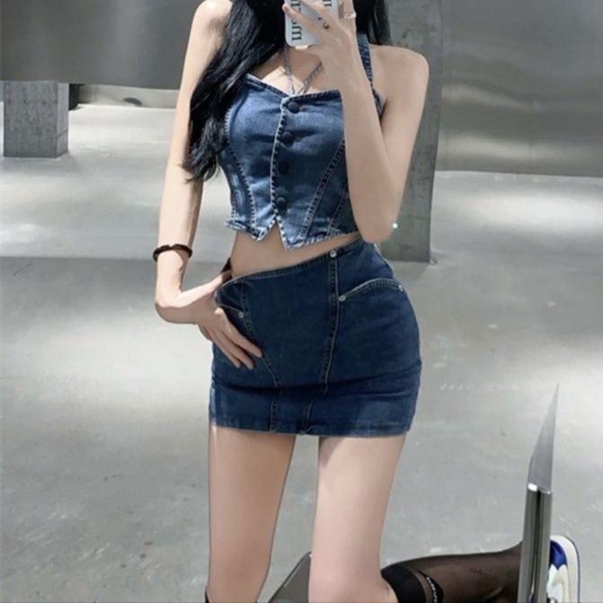 デニムセットアップ ビスチェ風ミニスカートセット