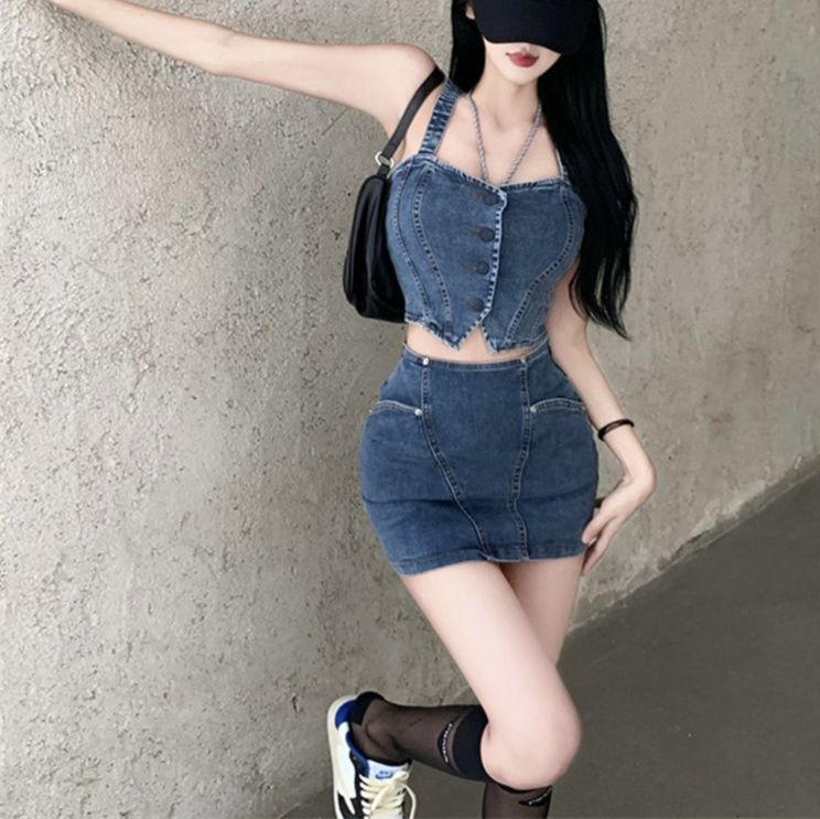 デニムセットアップ ビスチェ風ミニスカートセット