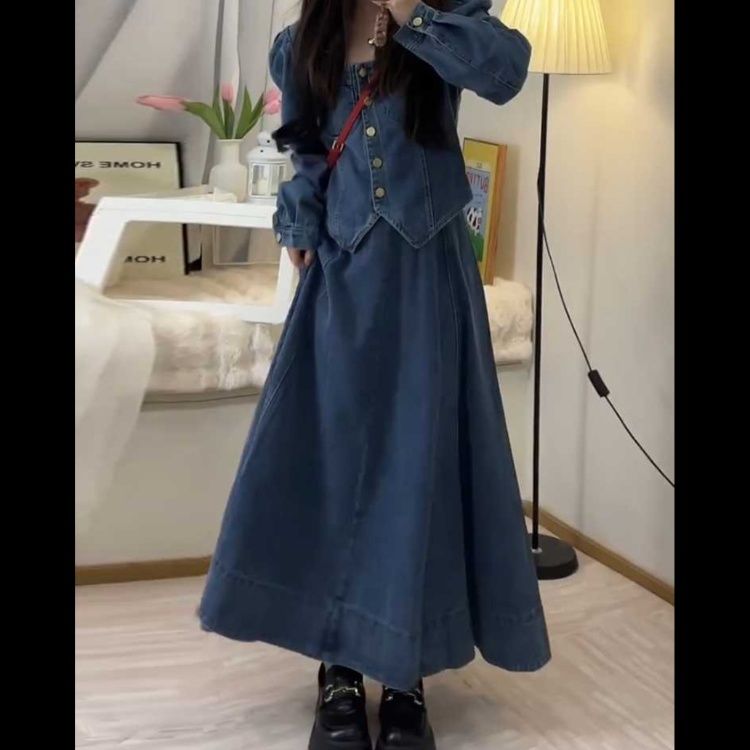 デニムセットアップ レトロ風ロングスカートセット