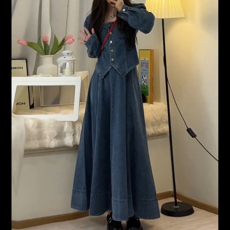 デニムセットアップ レトロ風ロングスカートセット