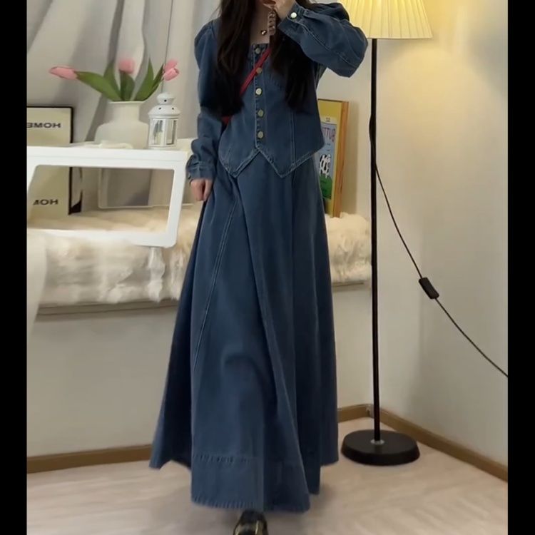 デニムセットアップ レトロ風ロングスカートセット