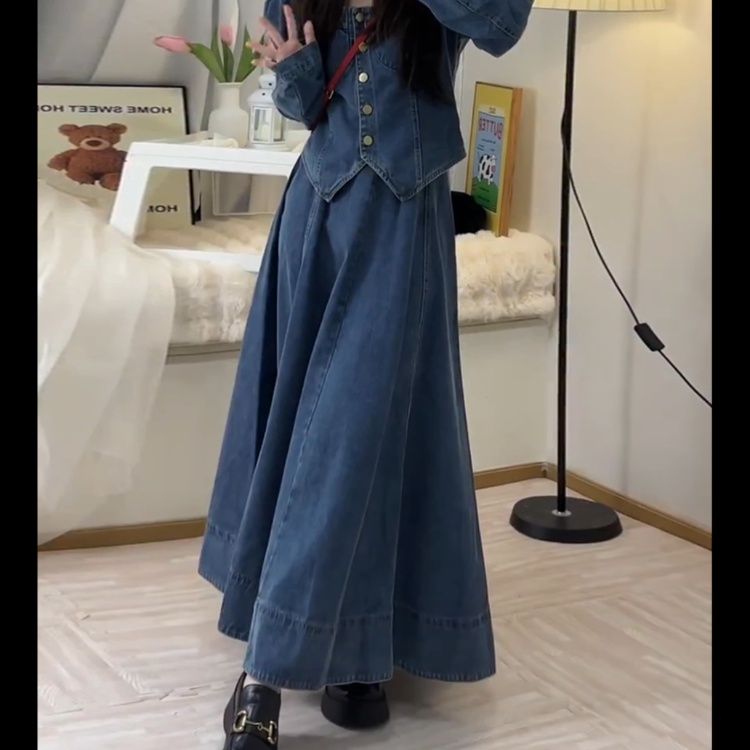 デニムセットアップ レトロ風ロングスカートセット