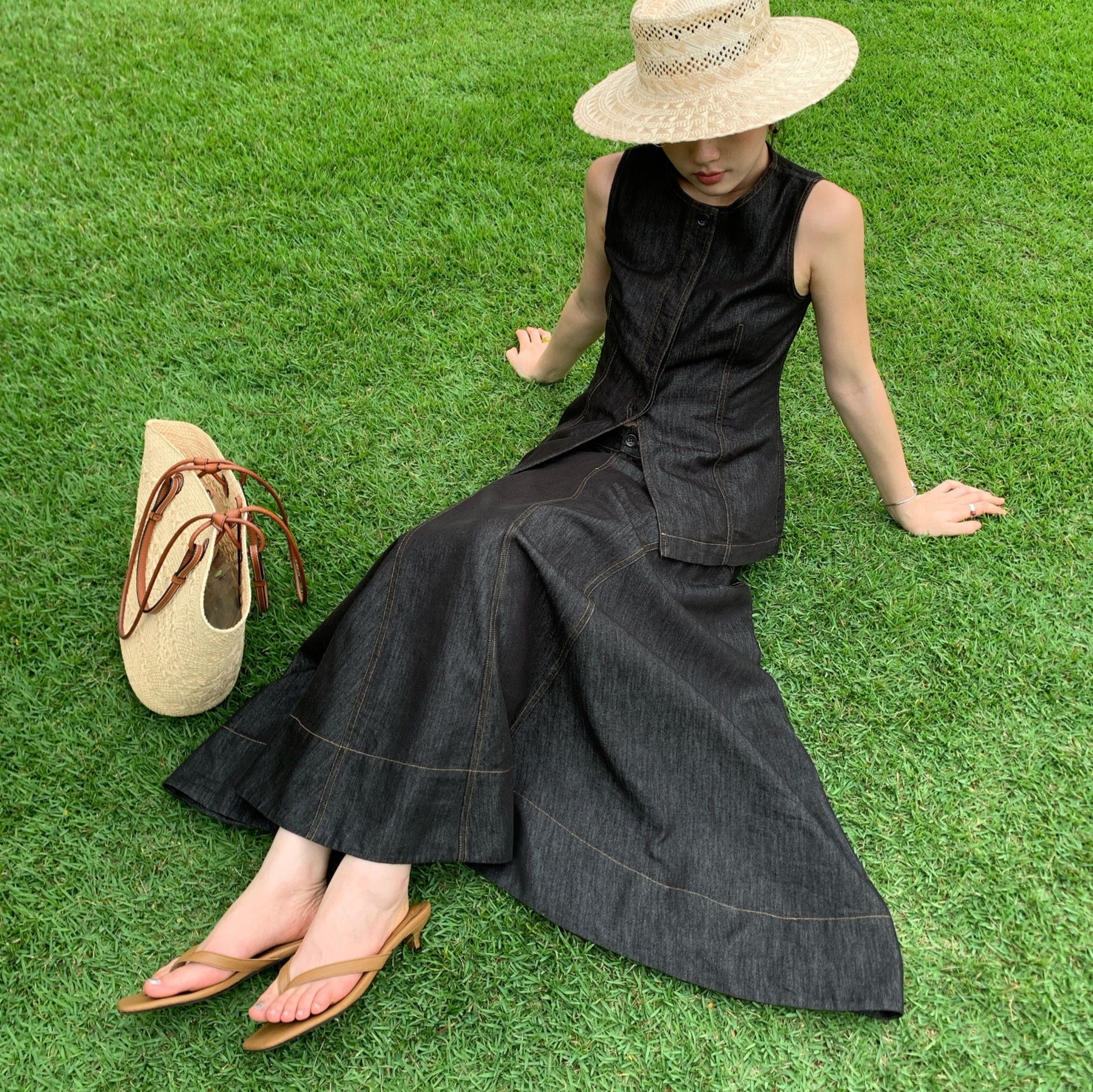 デニムセットアップ リゾートロングスカートセットアップ
