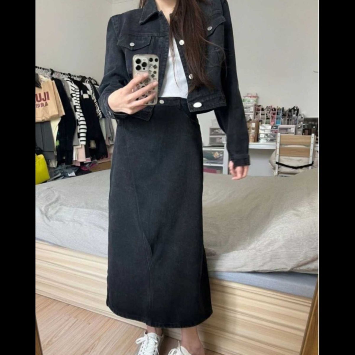 デニムセットアップ クロップド丈ジャケット×ロングスカート