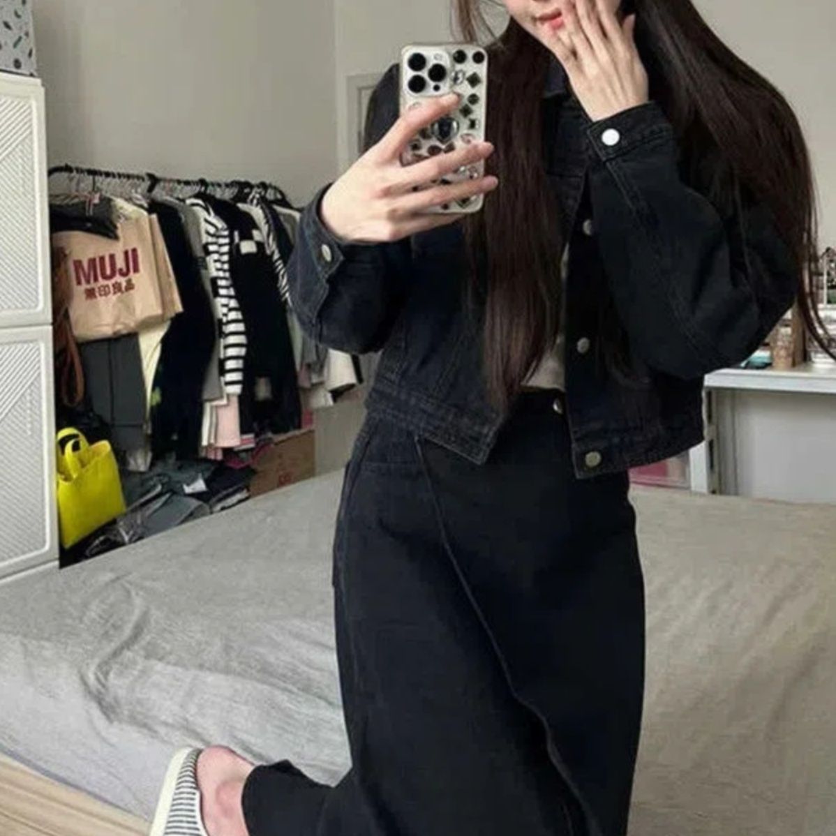 デニムセットアップ クロップド丈ジャケット×ロングスカート