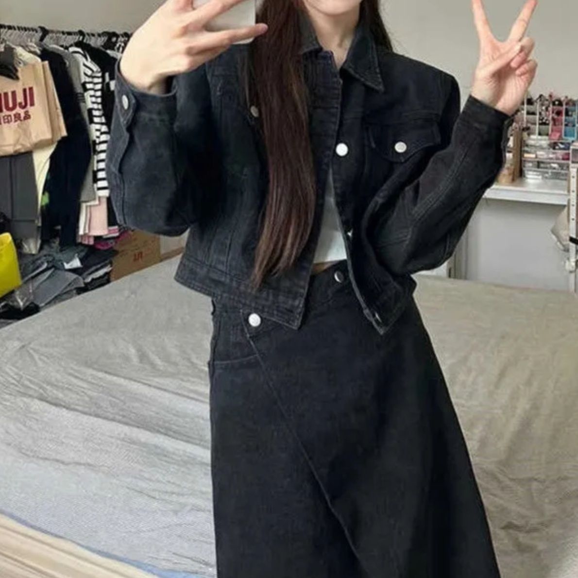 デニムセットアップ クロップド丈ジャケット×ロングスカート