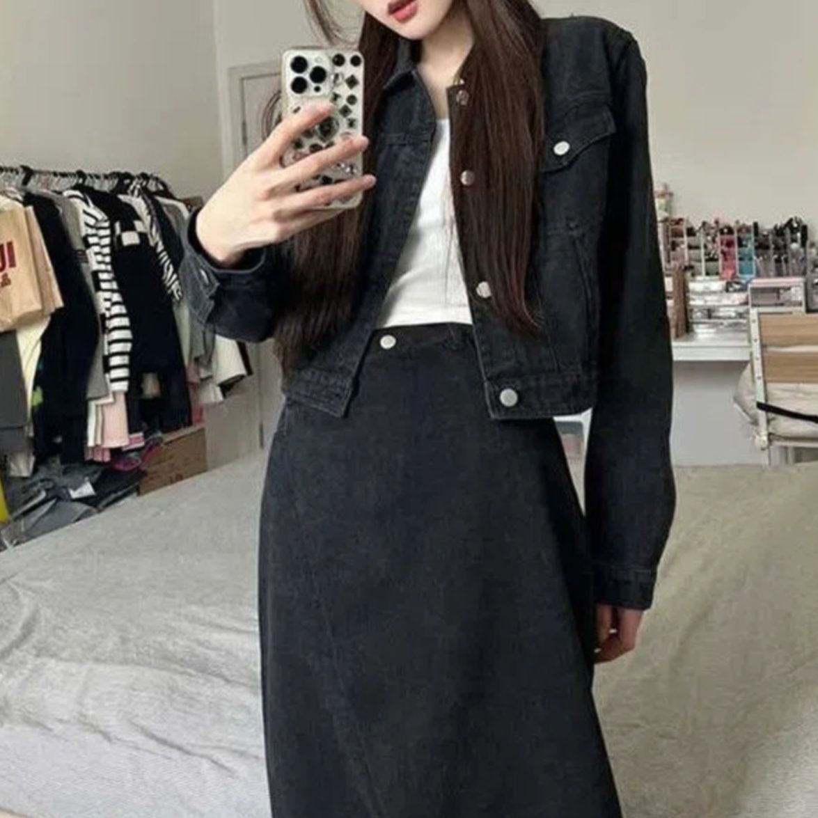 デニムセットアップ クロップド丈ジャケット×ロングスカート