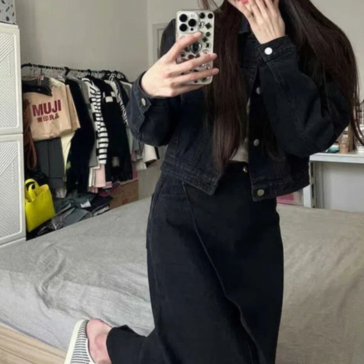 デニムセットアップ クロップド丈ジャケット×ロングスカート