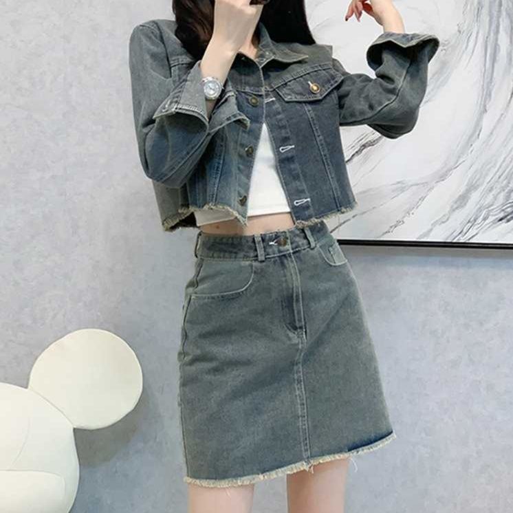 デニムセットアップ 裾フリンジクロップドデニムセット