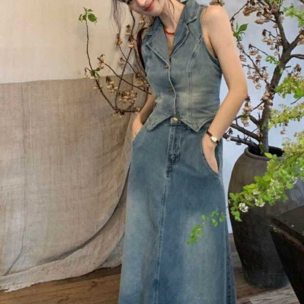 デニムセットアップ 襟付きベストスカートセット