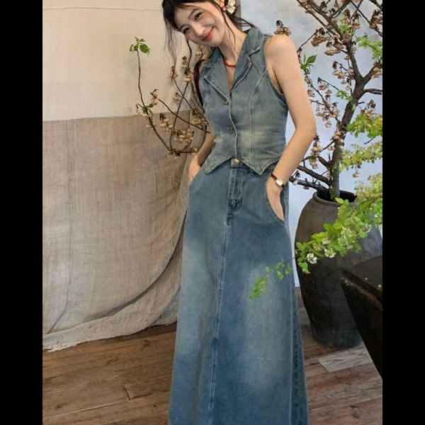 デニムセットアップ 襟付きベストスカートセット