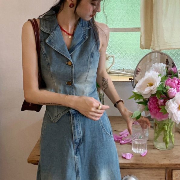 デニムセットアップ 襟付きベストスカートセット