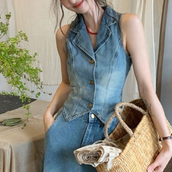 デニムセットアップ 襟付きベストスカートセット