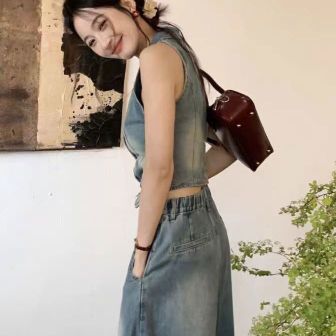 デニムセットアップ 襟付きベストスカートセット