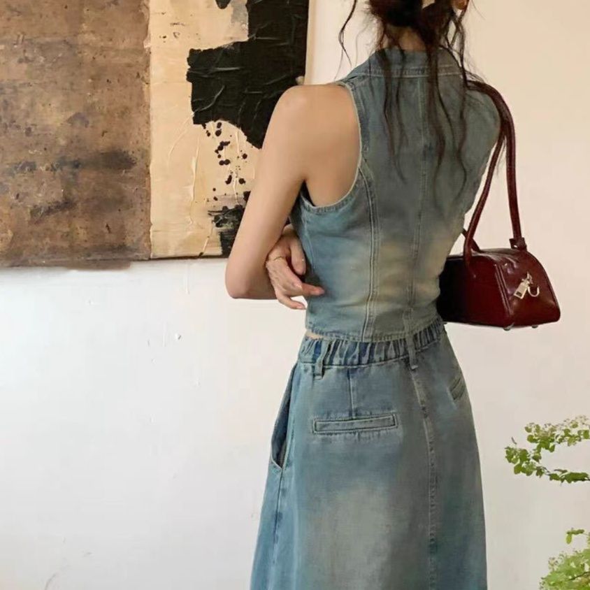 デニムセットアップ 襟付きベストスカートセット