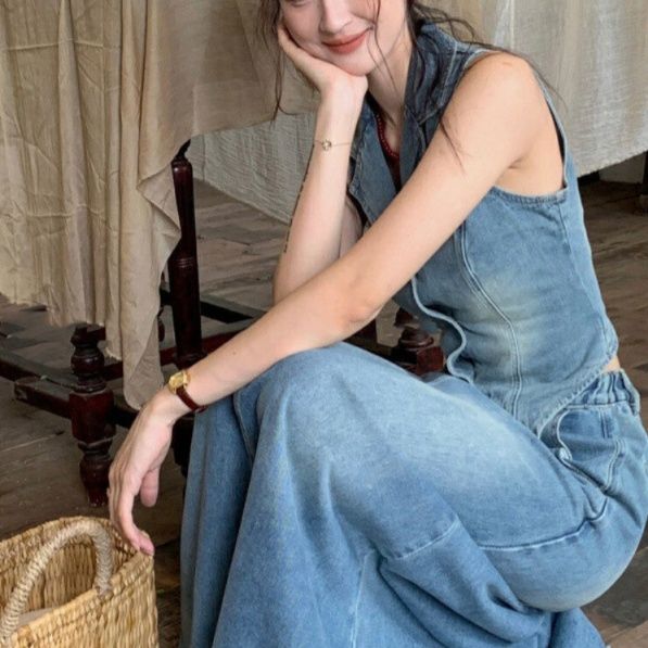 デニムセットアップ 襟付きベストスカートセット