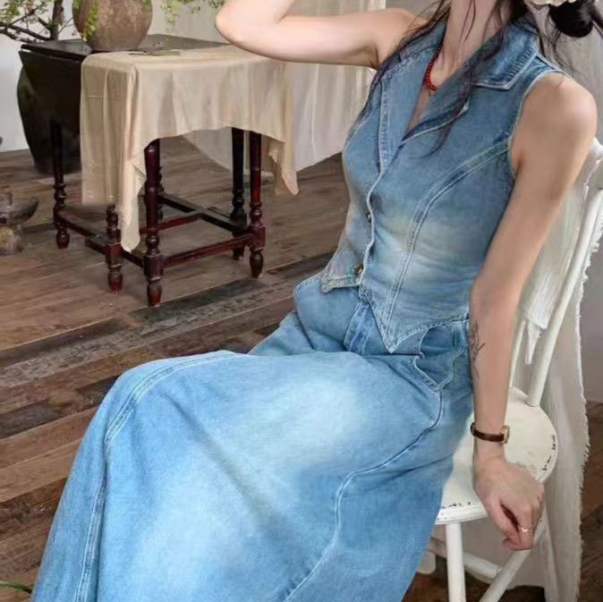 デニムセットアップ 襟付きベストスカートセット