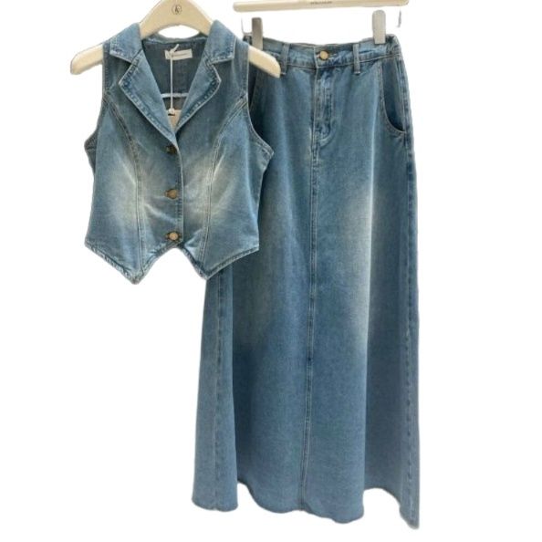 デニムセットアップ 襟付きベストスカートセット