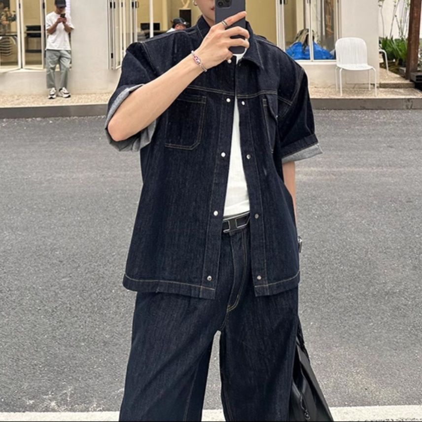 デニムセットアップ 半袖ゆったりデニムセットアップ