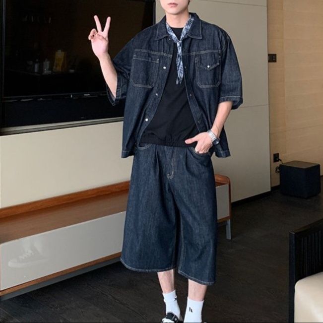 デニムセットアップ ゆったりシャツパンツデニムセット