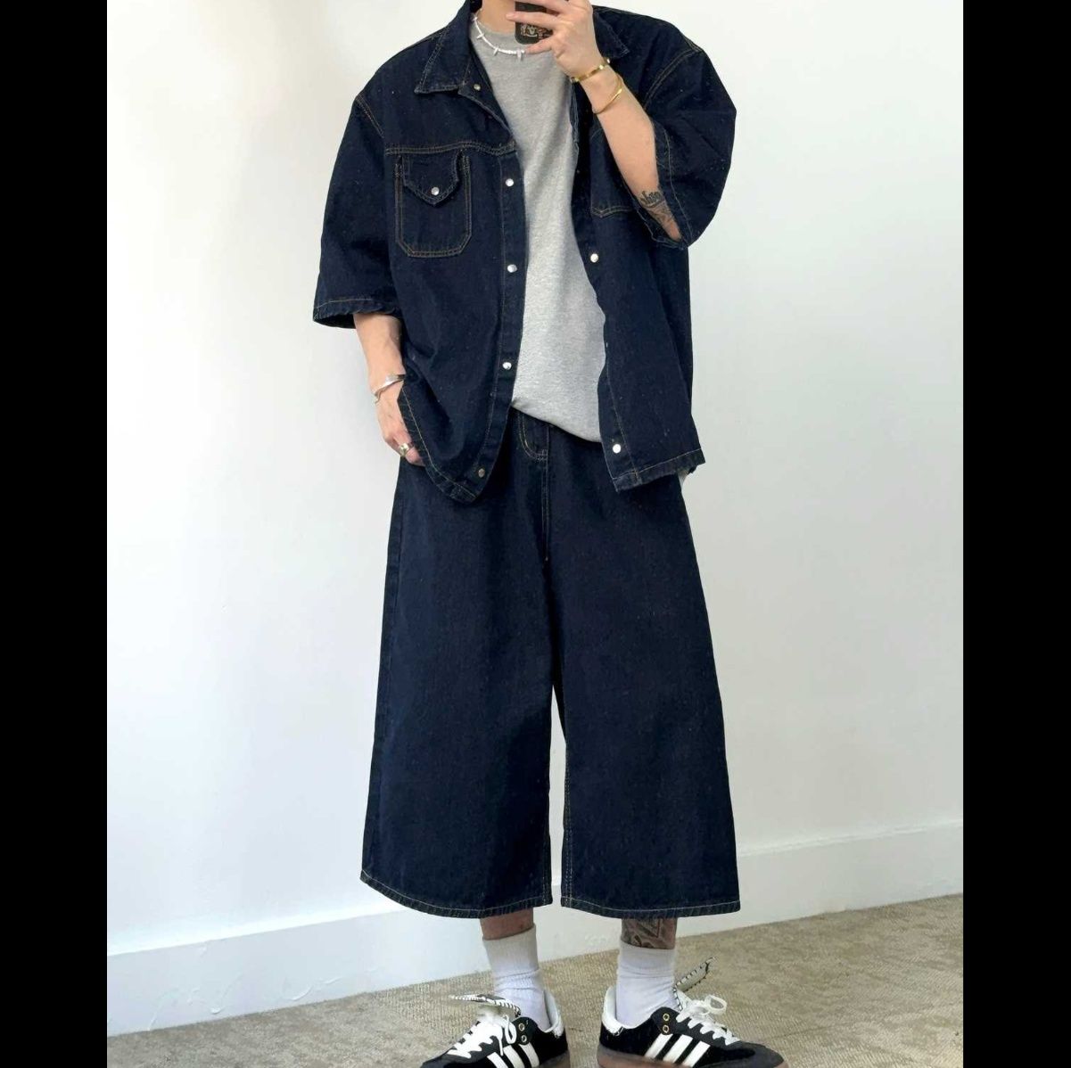 デニムセットアップ ゆったりビッグシルエット半袖セットアップ