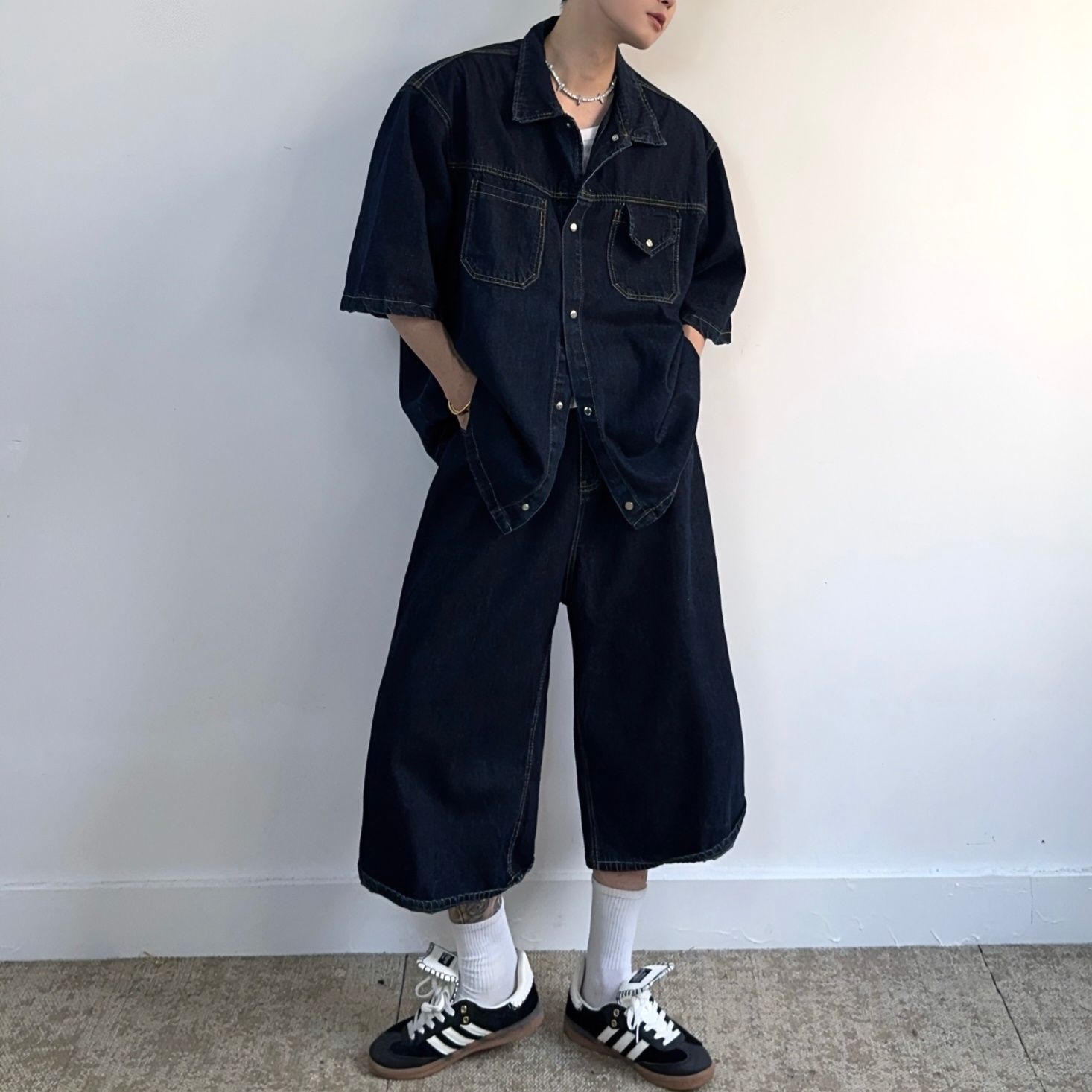 デニムセットアップ ゆったりビッグシルエット半袖セットアップ