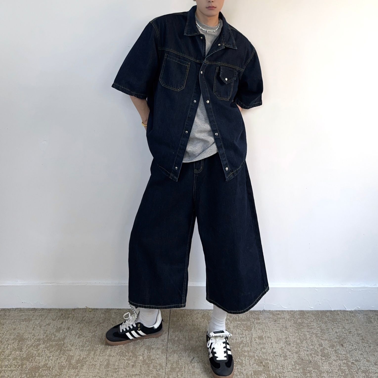 デニムセットアップ ゆったりビッグシルエット半袖セットアップ