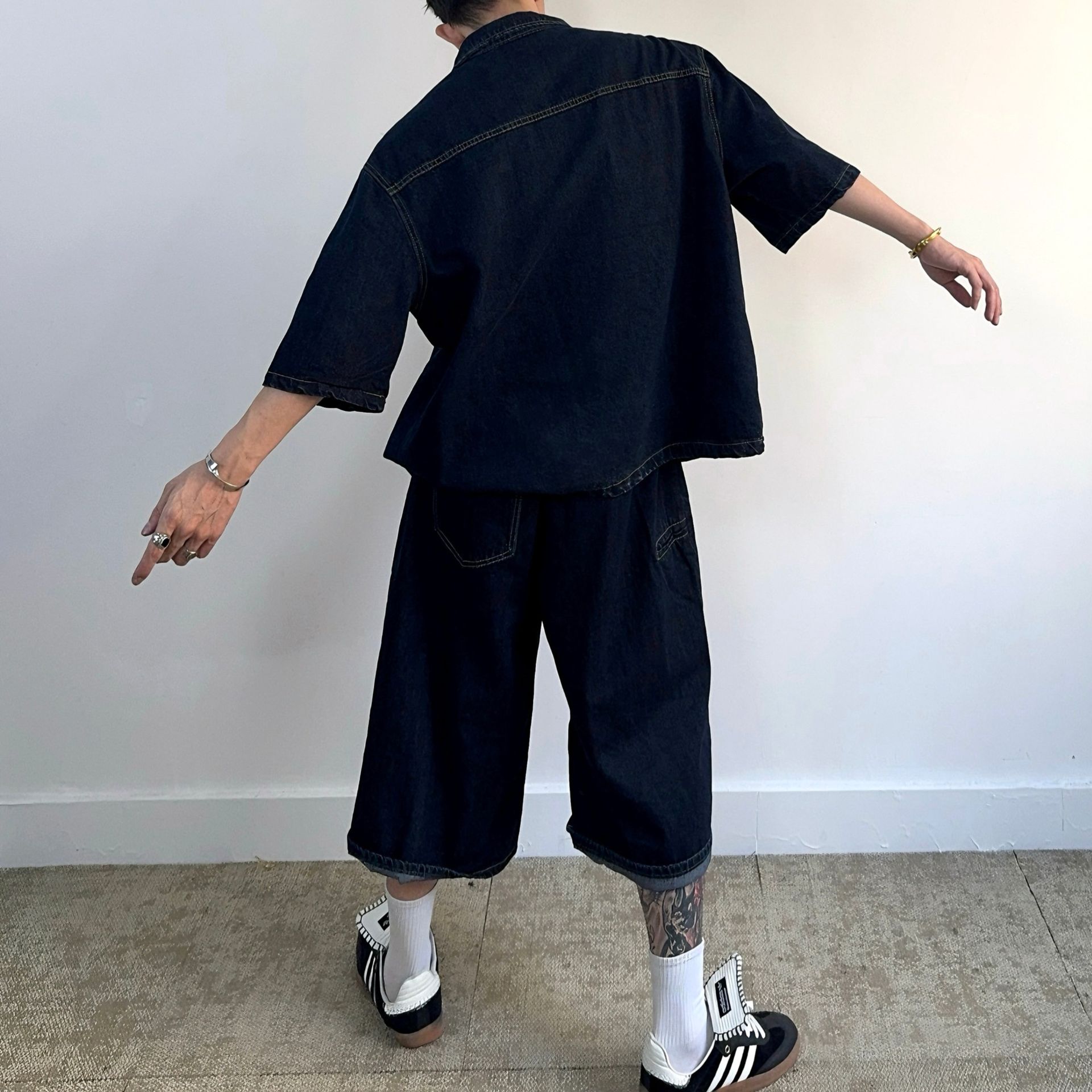 デニムセットアップ ゆったりビッグシルエット半袖セットアップ