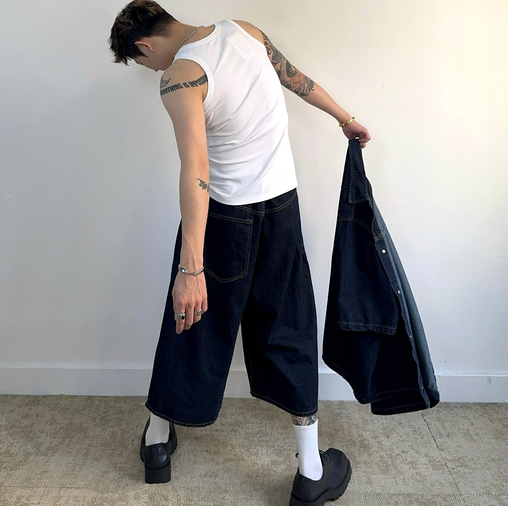 デニムセットアップ ゆったりビッグシルエット半袖セットアップ