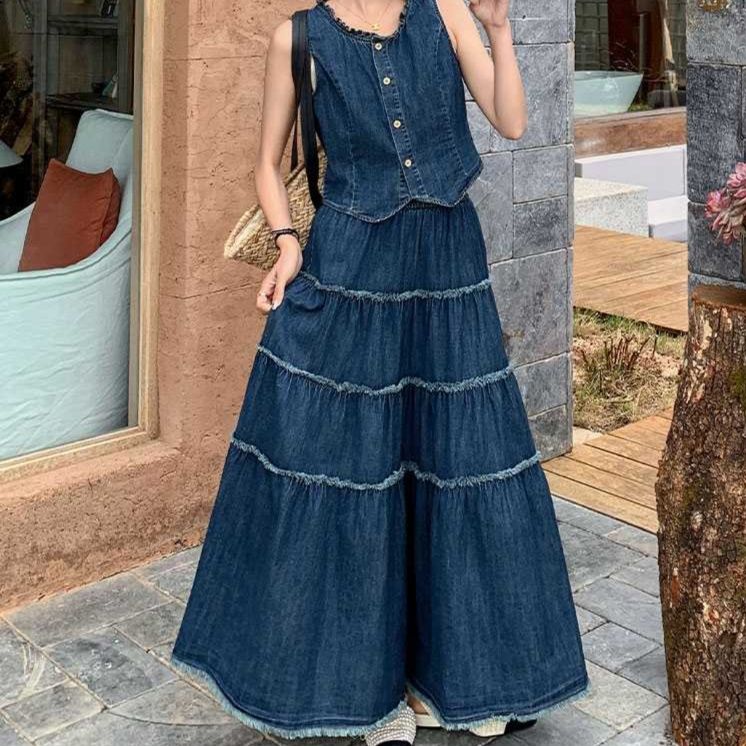 デニムセットアップ ティアード フリンジ ベスト スカート