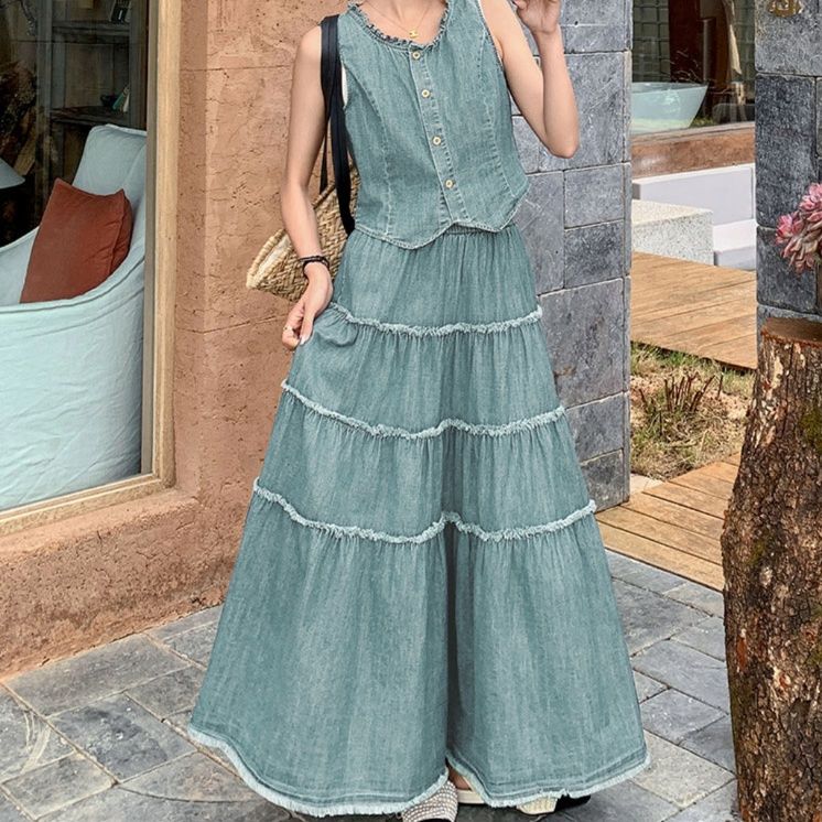 デニムセットアップ ティアード フリンジ ベスト スカート