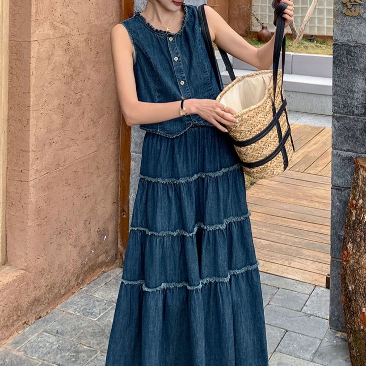 デニムセットアップ ティアード フリンジ ベスト スカート