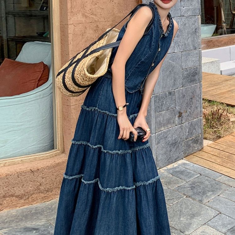 デニムセットアップ ティアード フリンジ ベスト スカート