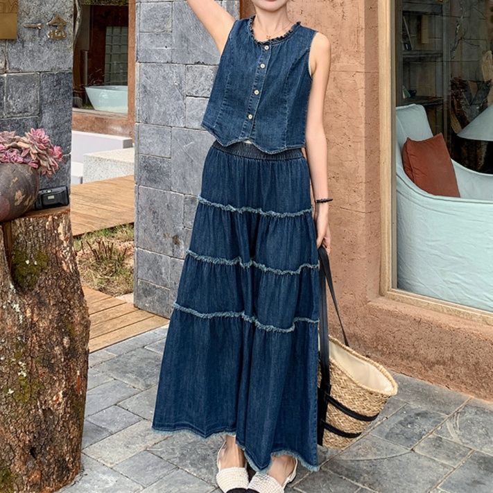 デニムセットアップ ティアード フリンジ ベスト スカート