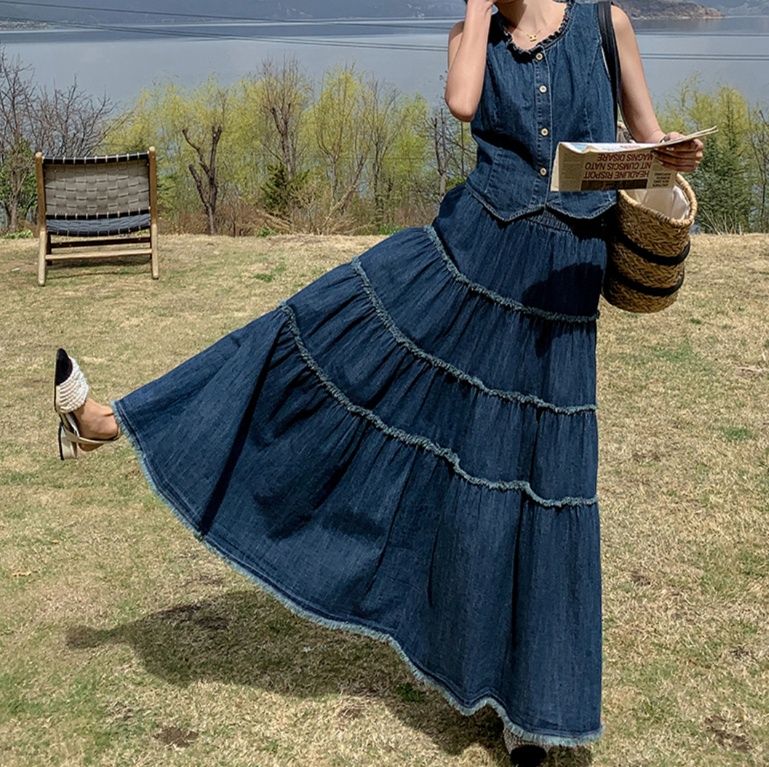 デニムセットアップ ティアード フリンジ ベスト スカート