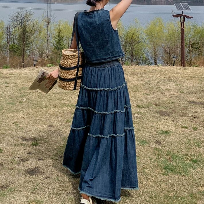 デニムセットアップ ティアード フリンジ ベスト スカート