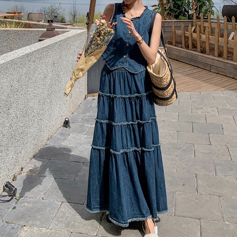 デニムセットアップ ティアード フリンジ ベスト スカート