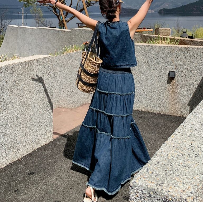デニムセットアップ ティアード フリンジ ベスト スカート