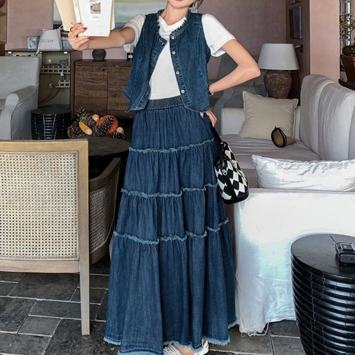 デニムセットアップ ティアード フリンジ ベスト スカート