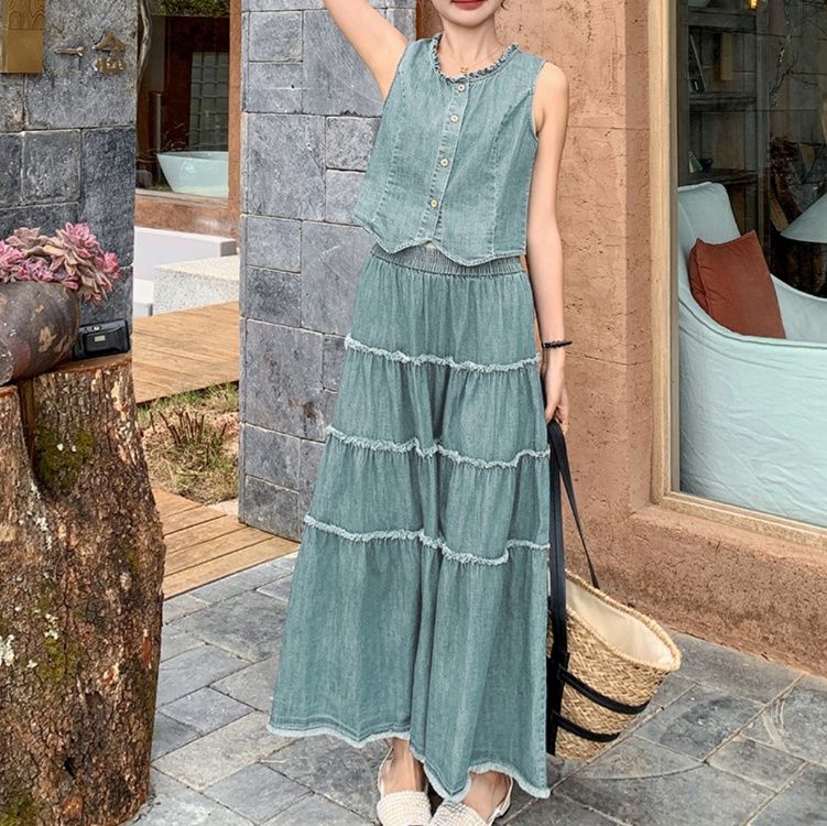 デニムセットアップ ティアード フリンジ ベスト スカート