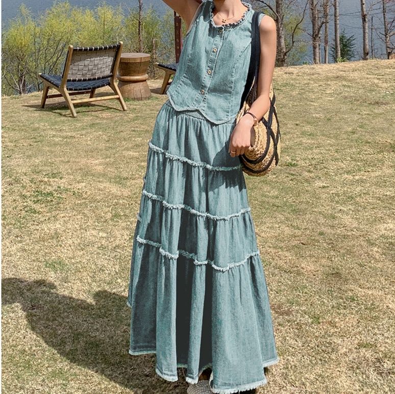 デニムセットアップ ティアード フリンジ ベスト スカート