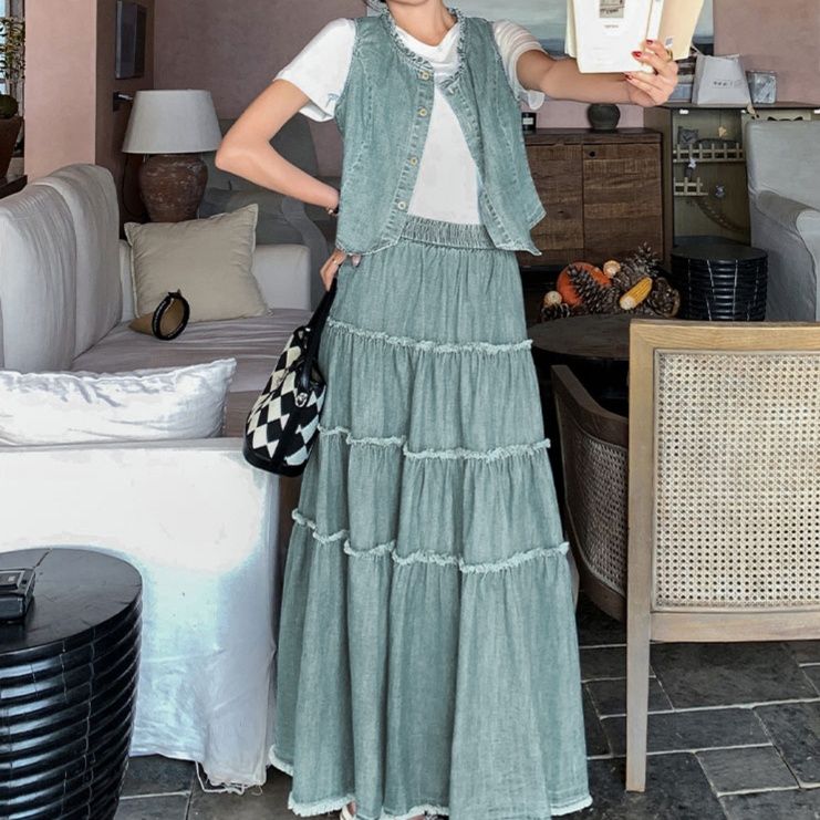 デニムセットアップ ティアード フリンジ ベスト スカート