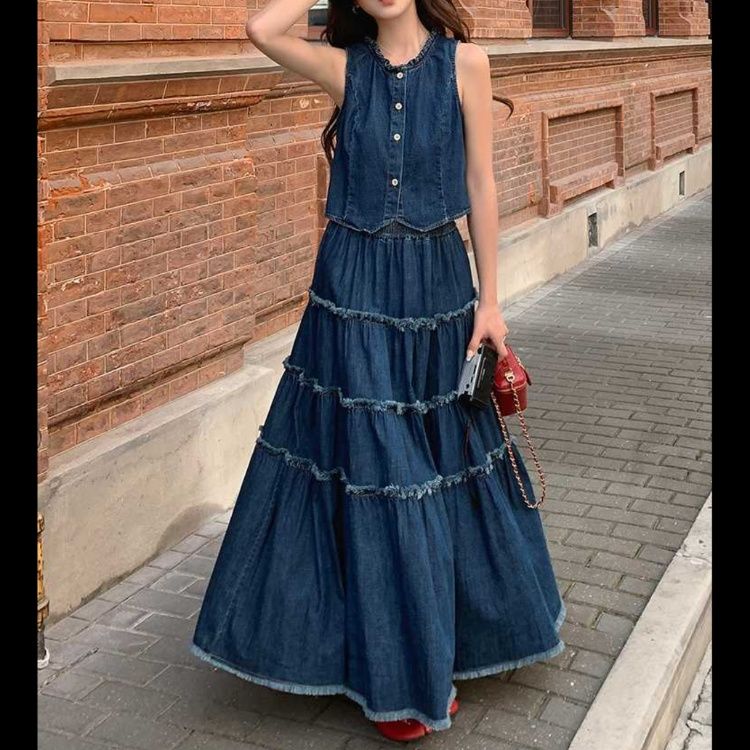 デニムセットアップ ティアードフリンジ ノースリーブセット