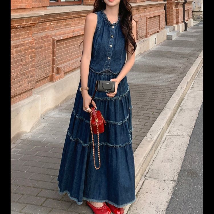 デニムセットアップ ティアードフリンジ ノースリーブセット