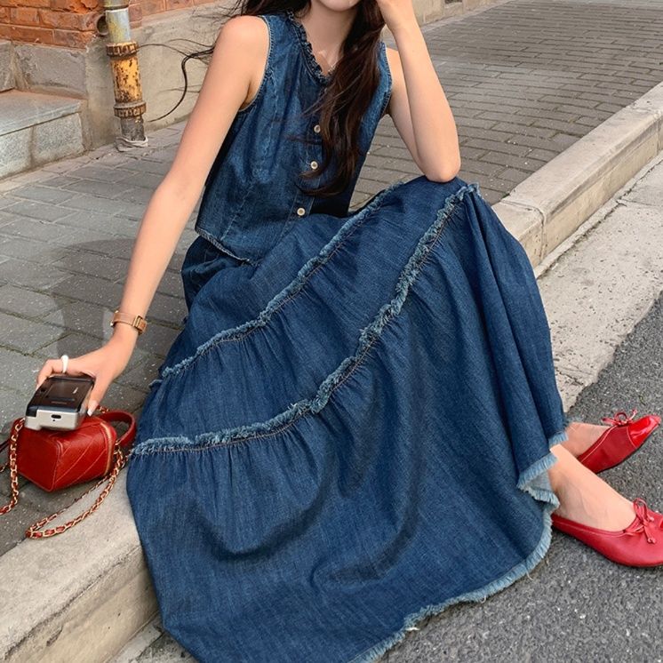 デニムセットアップ ティアードフリンジ ノースリーブセット