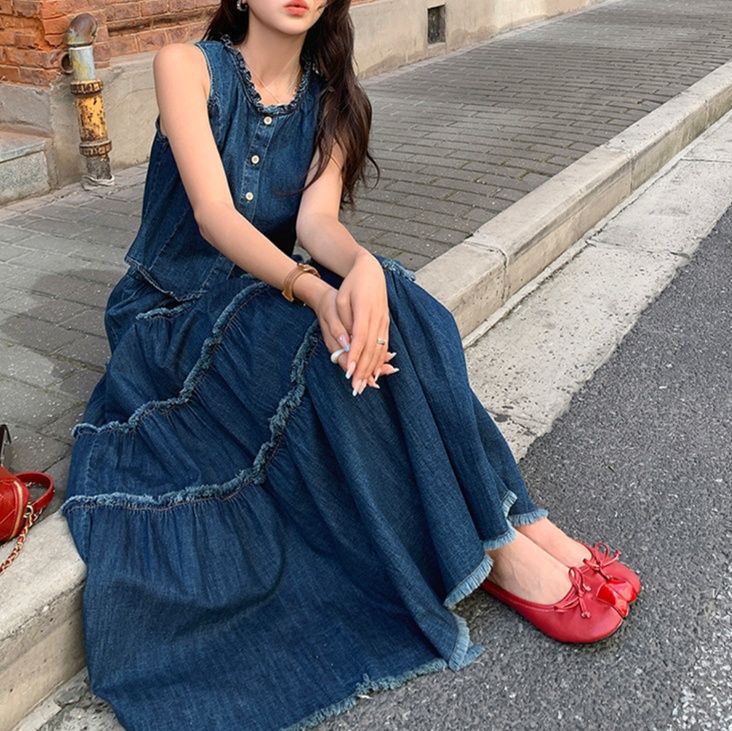 デニムセットアップ ティアードフリンジ ノースリーブセット